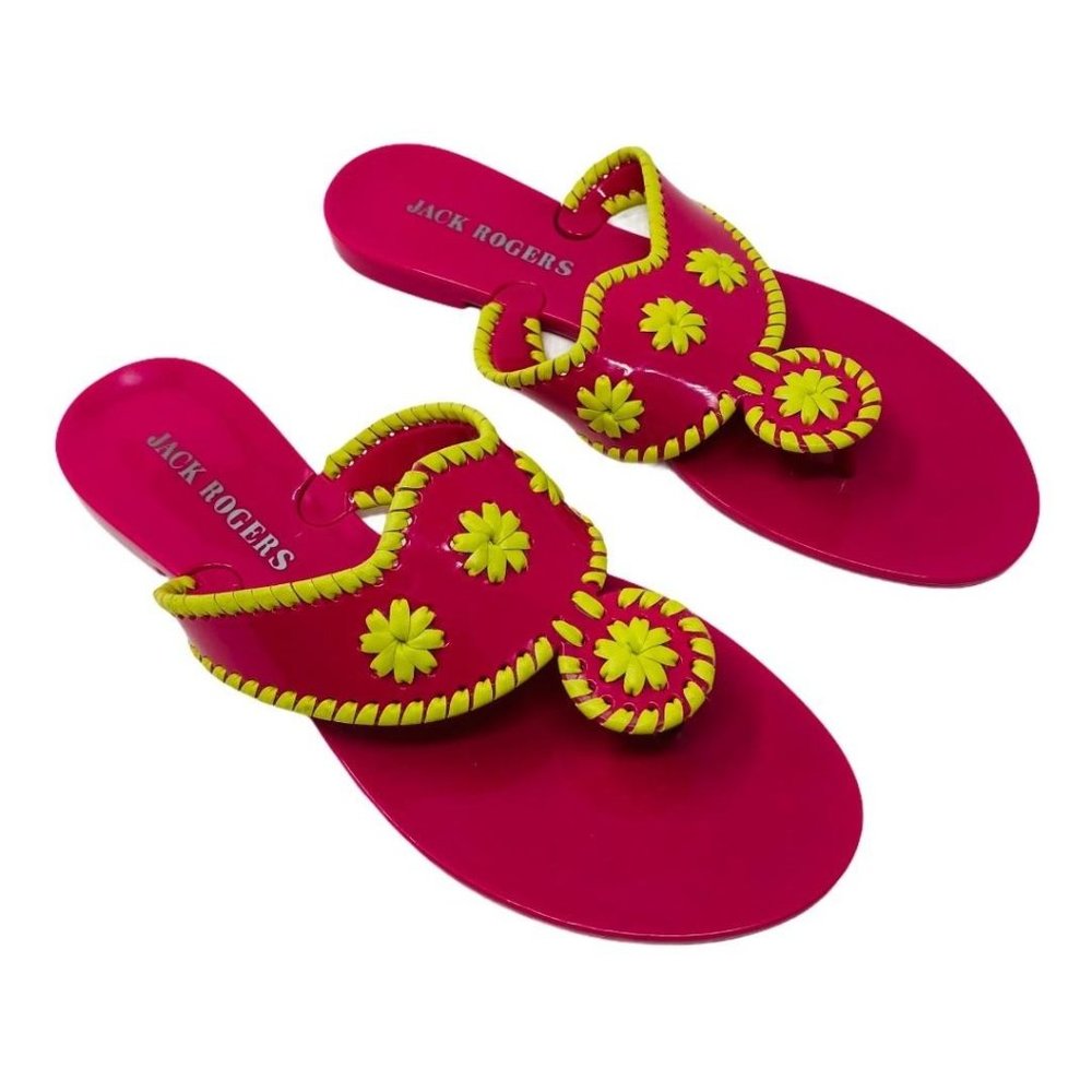 Jack Rogers Jelly Whipstitch Sandals 9 Magenta Pink Thong Slip OnYellow Rubber